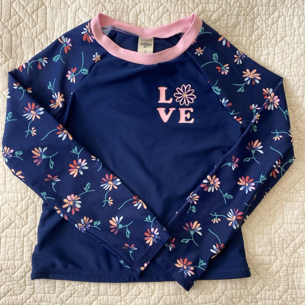 Osh Kosh Navy Pink Rash Guard Floral Print Long Sleeve Top Love Girls size 7